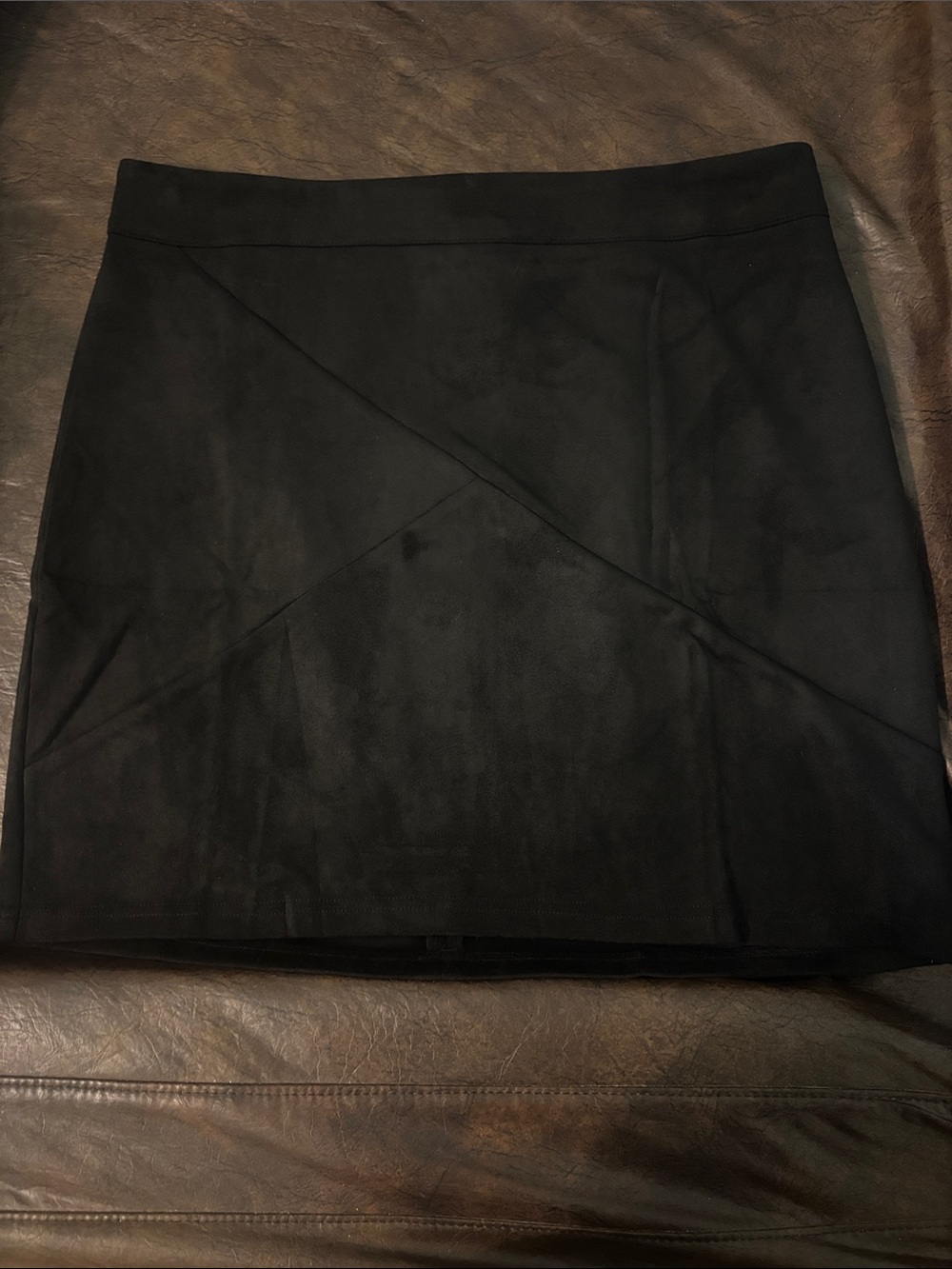 Women's Black Faux Suede Mini Skirt with Diagonal Panel Detail
